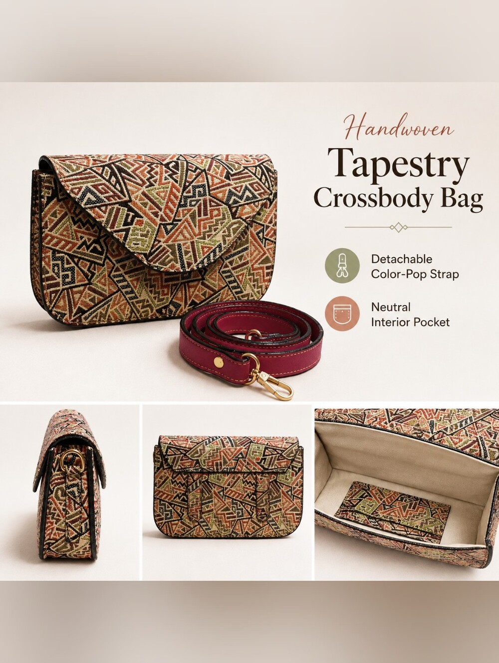Handwoven Tapestry Crossbody Bag with Burgundy Strap
